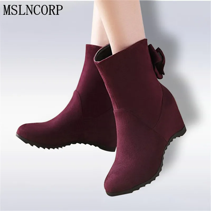 

Size 34-43 New 2017 Autumn Winter Shoes Women Height Increasing Boots Fashion Woman Boots Ladies Bowtie Ankle Botas Wedge Heels