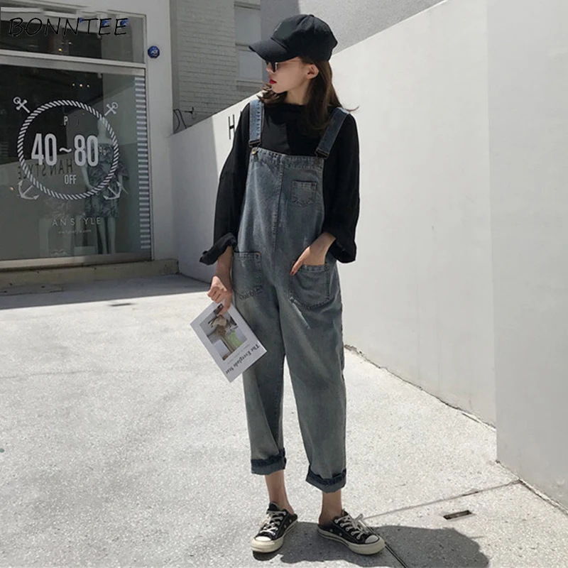

Jumpsuits Women Retro Strap Trousers Loose High Quality Trendy Womens Chic Soft Denim Jumpsuit Ladies Ulzzang Pocket Leisure New