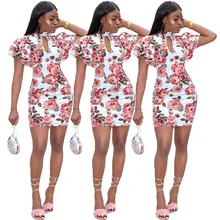S-XL new women hollow out floral print dress ruffles o neck mini dress casual leisure short bodycon dress black casual bodycon round neck hollow design mini dress