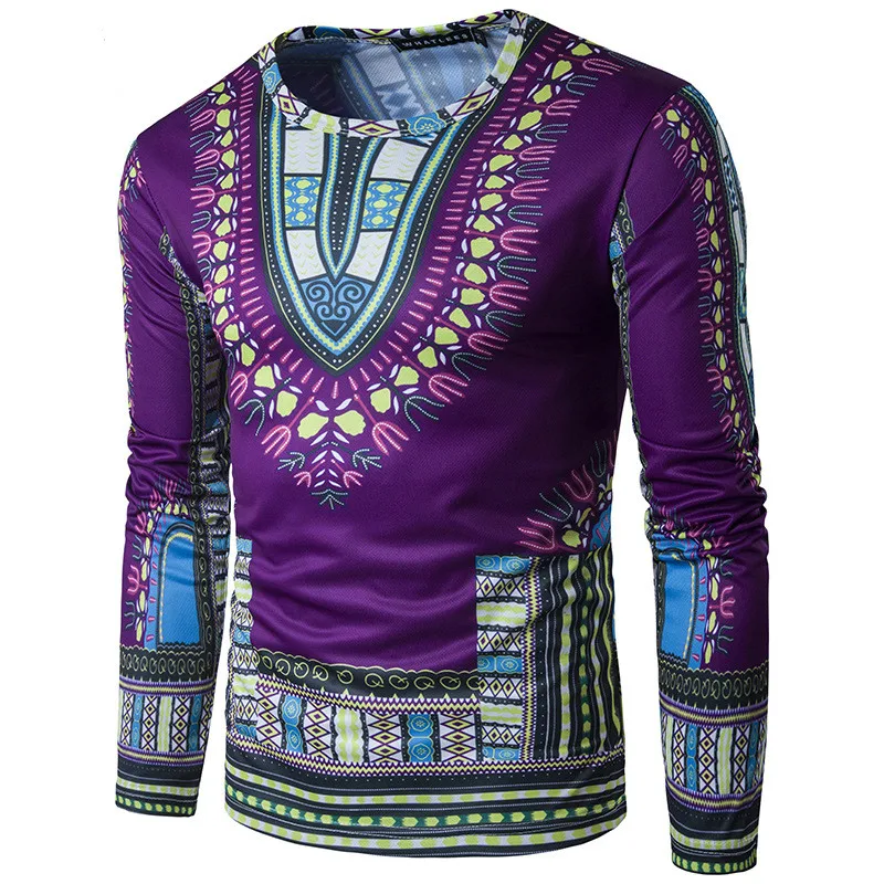 Мужская гладкая футболка с длинным рукавом, Винтажная футболка с геометрическим узором и круглым вырезом, 7 цветов, топы, индийский Африканский этнический хиппи, 809-318