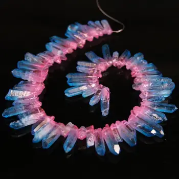 

15.5"Strand Pink&Dark blue Raw Crystal Top Drilled Points Beads,Colourful Quartz Crystal Tusk Stick Necklace Pendants Jewelry