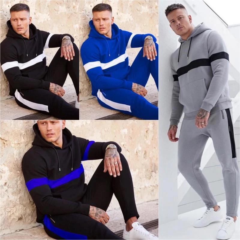 

LEMOV Hooded Stitching Color Sports Wear for Men Gym 100% Polyester Anti-shrink/fade Men Sports Suits Breathable Trainning Sets
