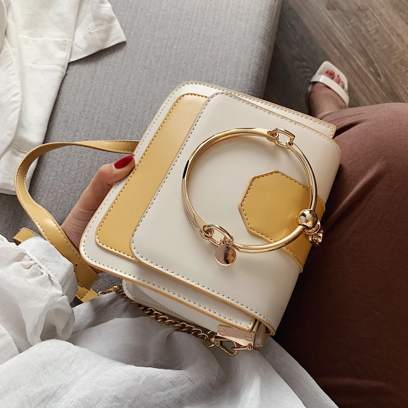 

Chic Metal Round Handle Women's Tote Bags High Quality PU Leather Women's Designer Handbag Fashion Chain Shoulder Messenger Bags