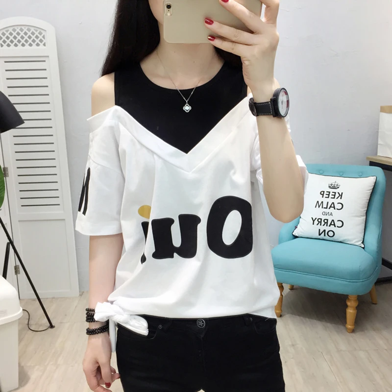 shintimes Bow T-Shirt Off The Shoulder Tops For Women T Shirt Letter Print Tee Woman Clothes 2021 Summer Cotton Tshirt Femme