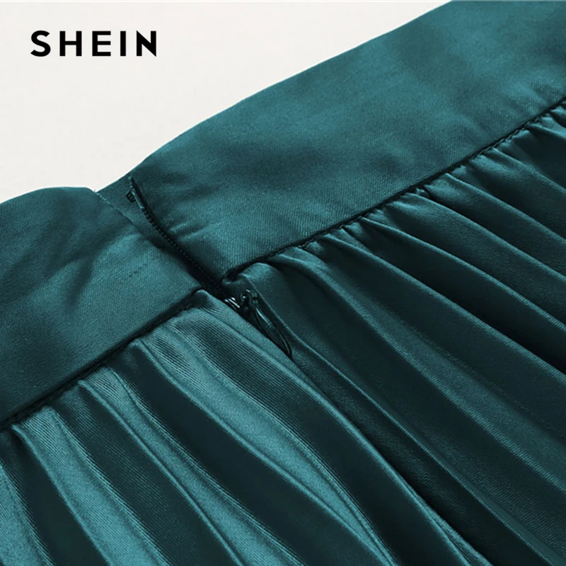 Tanie SHEIN zapięcie na zamek plisowana satynowa spódnica zielona średnio wysoka talia kobiety odzież zwykły spódnica Party 2018 wiosna na co dzień pełna długość spódnica