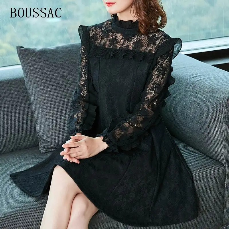 

2018 Spring Autumn New Black Party Dress Women See Through Lace Patchwork Long Sleeve Ruffled Stand Collar Summer vestido