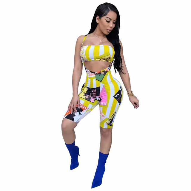 S-XXL Tracksuit Women’s Set Summer Overalls Stripe Print Strapless Two Pieces suits Lady outfit fashion sexy casual 3490 4 color
