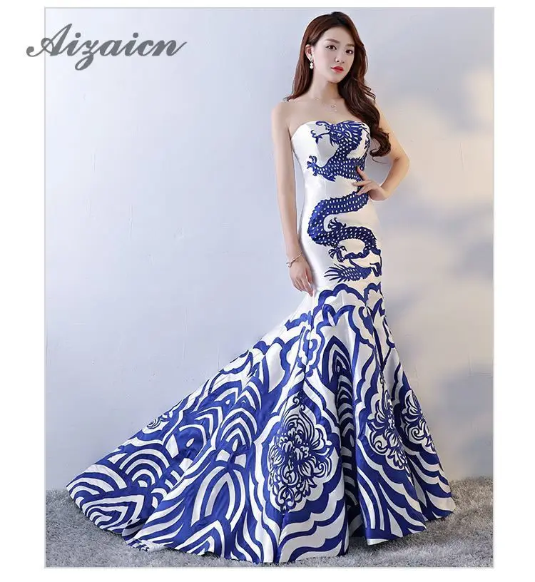 Sirena estilo восточные vestidos de noche largo vestido chino для женщин Qipao Negro Dragón ropa Cheongsam disemino personalizado