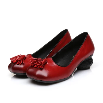 

Nice Ethnic Style Handmade Shoes Women Thick Heels Pumps Round Toe High Heels Genuine Leather