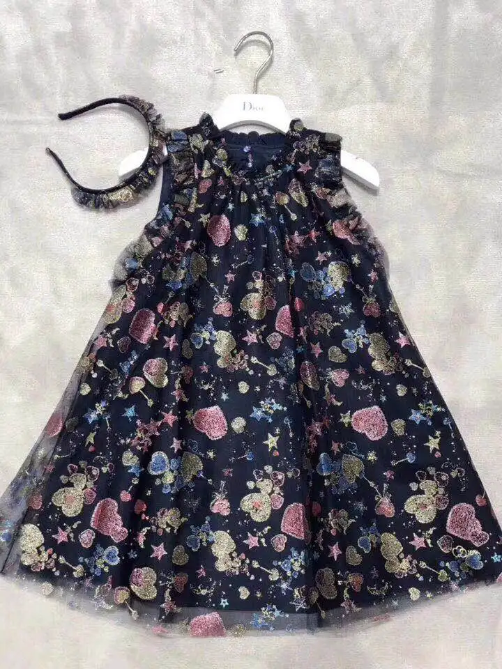 

2018 Spring&Autumn Heart Shape Print Sleeveless Mesh Patchwork Boutique Colorful Party Princess Dress Kids Girls Clothing Dress