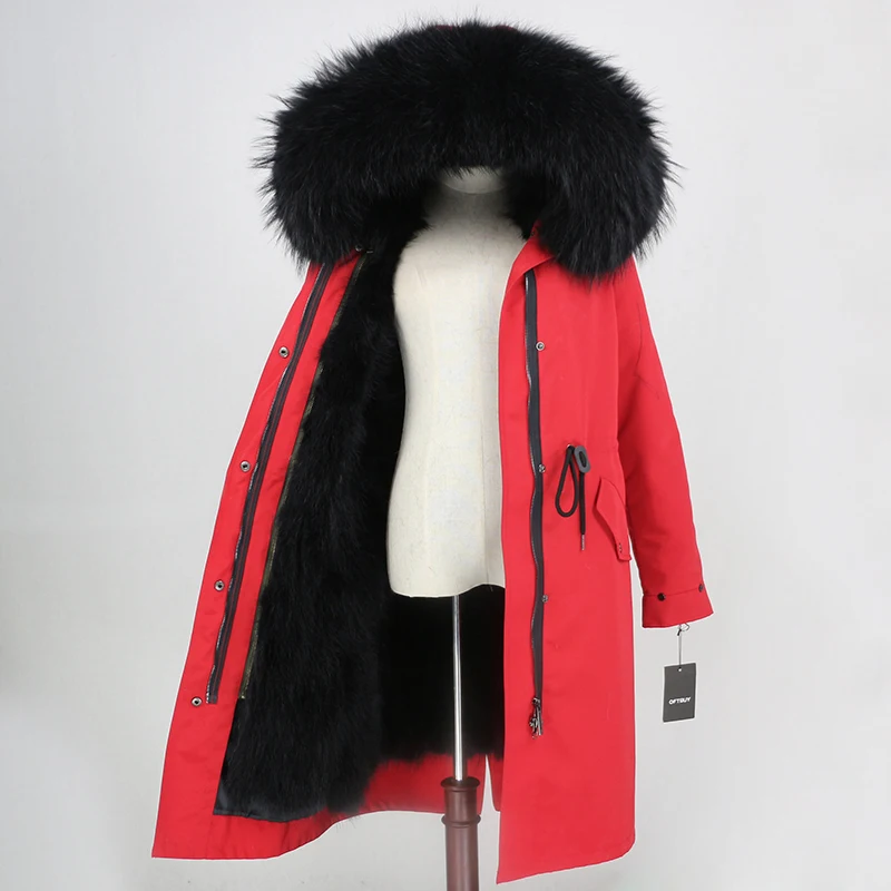 OFTBUY водонепроницаемая верхняя одежда X-long Parka зимняя куртка женская шуба из натурального меха енота капюшон Подкладка из натурального кроличьего меха - Цвет: red black