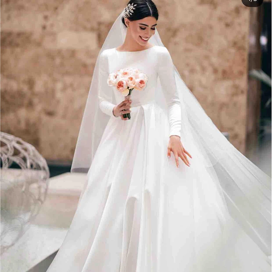 Скромные 2019 свадебное платье es круглый вырез атласные свадебные платья Boho саудовско-Аравийский принцессы трапециевидной формы одежда с
