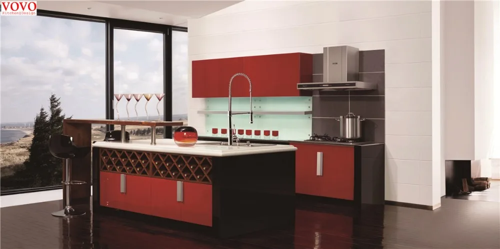 Винно красные лакированные кухонные шкафы с винной стойкой|lacquer kitchen cabinet|kitchen