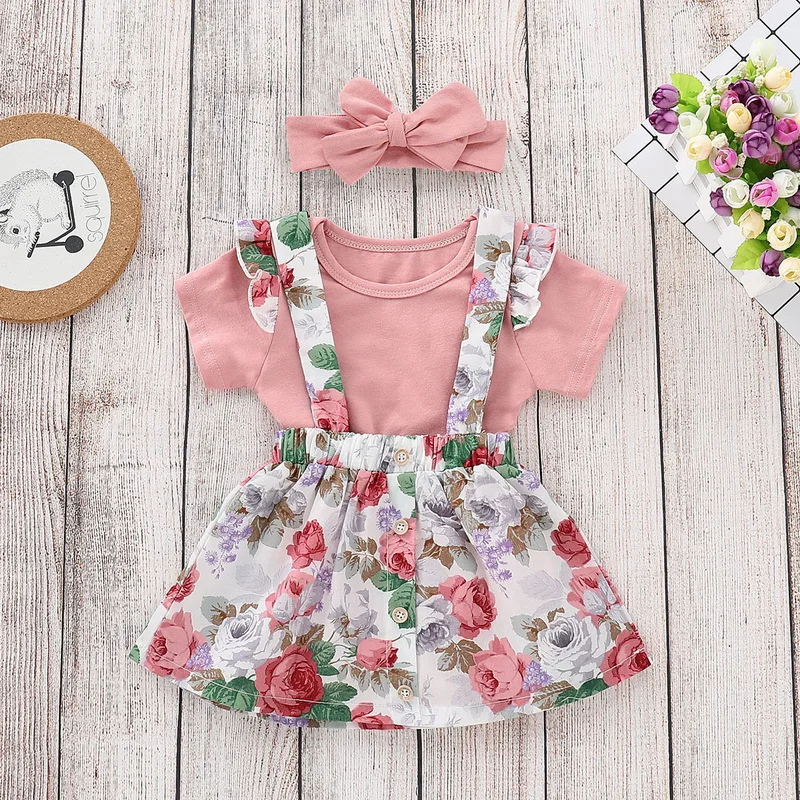 

Wholesale Newborn Girl 3pcs Clothing Sets 2019 Summer Floral Dress+Romper+Headband Outfits Babies Clothes E166