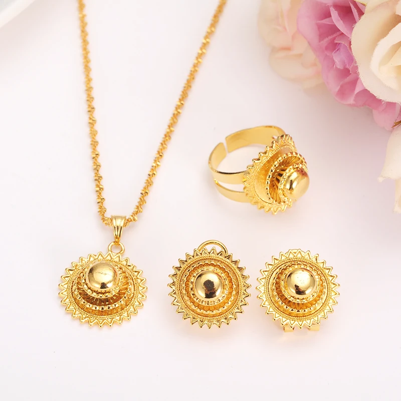

Bangrui Ethiopian Small set womenJewelry Necklace/Earrings/Ring Gold Color African Bridal sets Israel Habesha Gift Eritrea sets