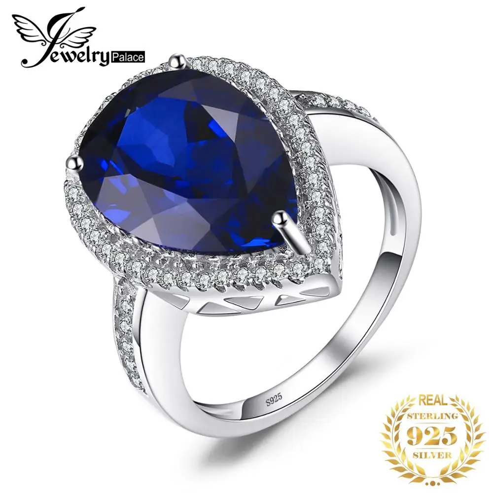 

JewelryPalace 8ct Water Drop Created Blue Sapphire 925 Sterling Silver Ring for Women Gemstone Statement Halo Engagement Ring