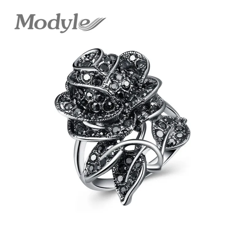 

Modyle Black Rose Flower Big Vintage Rings For Women Unique Retro Crystal Rhinestone Jewelry Luxury Gift