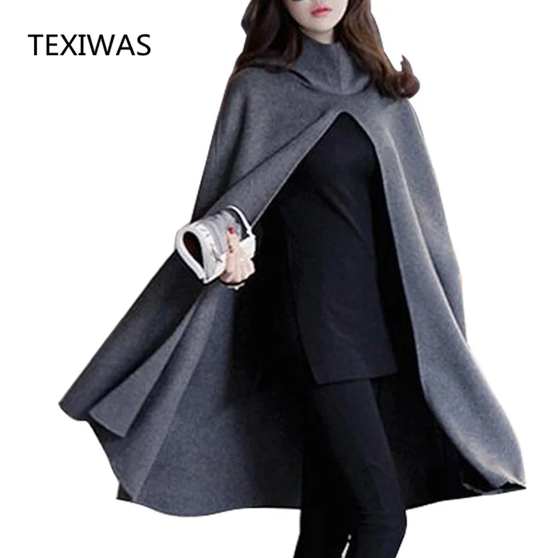 

TEXIWAS New Women Hooded Cloak Coat Bat Sleeve Long Poncho Cape Coat 2018 Woolen Blend Shawl Plus Size Irregular Ponchoes