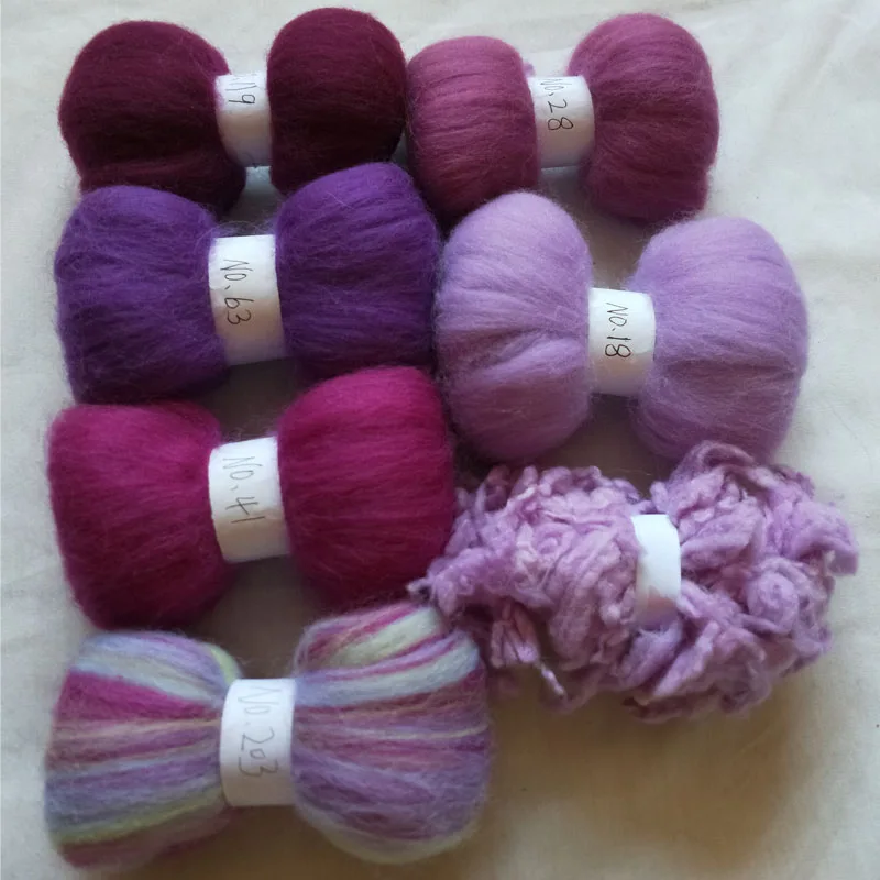 Wool for felting kit send three nedlees and a pdd Sheep wool color purple 70g 10g/color 7colors