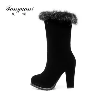 

Fanyuan Winter Boots Women Fashion Black Shoes Women Fur Warm Mid Calf Buckle Snow Boots Platform Shoes botas zapatos mujer