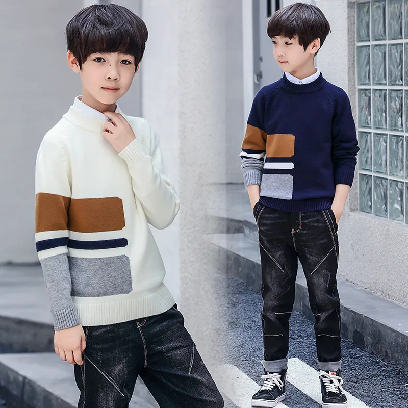 

2018 Autumn Boy Patch Work Sweater Wool Knitted Pullover Outerwear Boys Navy White Color Knitwear 5 6 7 8 9 10 11 12 13 Year Old