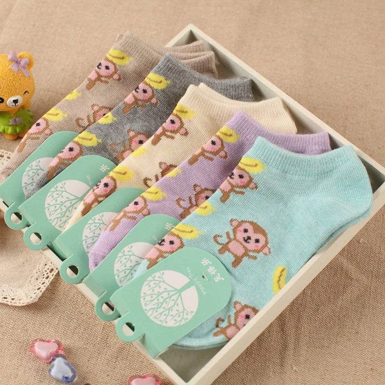 Милые носки с закрытым носком, носки высокого качества, 5 цветов, женские носки, новые весенне-Летние Носки с рисунком обезьяны