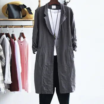 

2019 New Spring Autumn Jacket Women's Korean Loose Long Cotton Linen Blazer Windbreaker Casual Wild Suit Blusa Tops Coat f1370