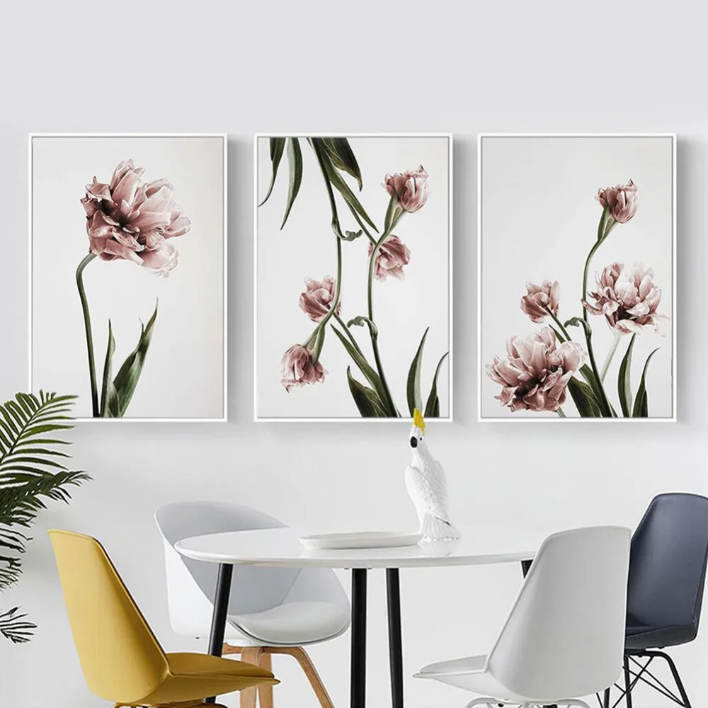 

Romantic Nordic Flowers Poster Canvas Painting Wall Art Pictures for Lving Room HD Posters And Prints Pink Green Home Decorative