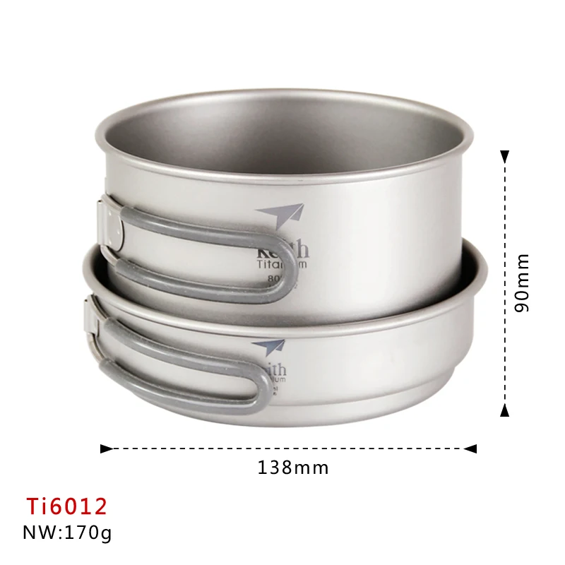Keith 2PCS Titanium Pot Set Titanium Cookware Outdoor Camping Picnic Pot Set Cookware Pot + Frying Pan 