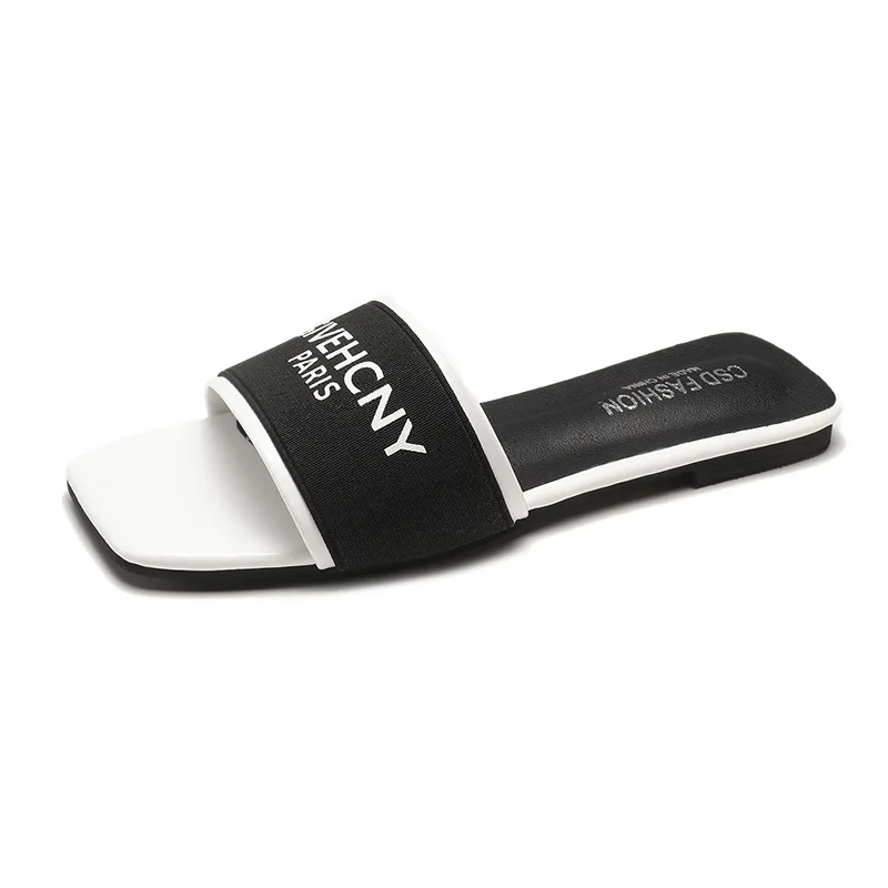 

Women Slippers 2019 Summer New Net Red Simple Square Flat Word Drag Women Wear Fashion Wild Letters Flip Flops Slides Women
