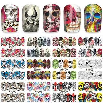 16*25.5CM 12pcs/Sheet Skull Design Nail Art Water Transfer Decal Sticker For Nail Art Tattoo A1093-1104