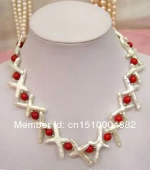 

free shipping 0010 Fashion jewelry 18" White Keshi Cross Pearl & Red Coral Necklace