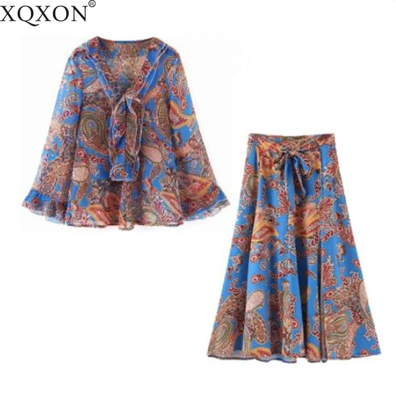 

Summer Set 2019 Phoenix Printing Vacation Style Two Peice Set Chiffon Blouses Belt Waist A Line Skirts Women Summer Set