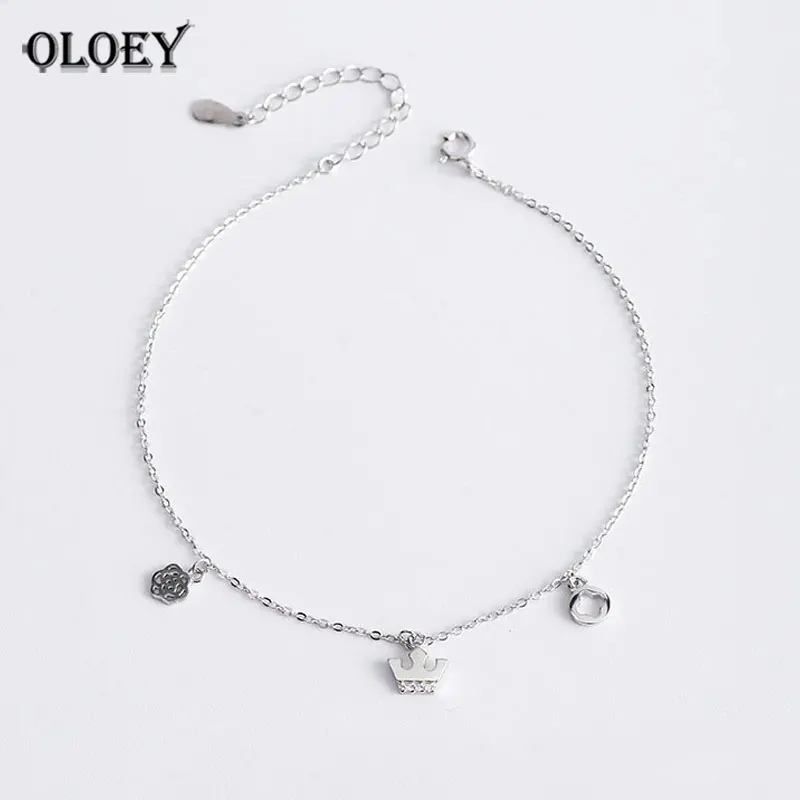 

OLOEY 100% Real 925 Sterling Silver Anklets For Women Korean Style Crown & Flower Ankle Bracelets Fine Party Jewelry Gift YMA026