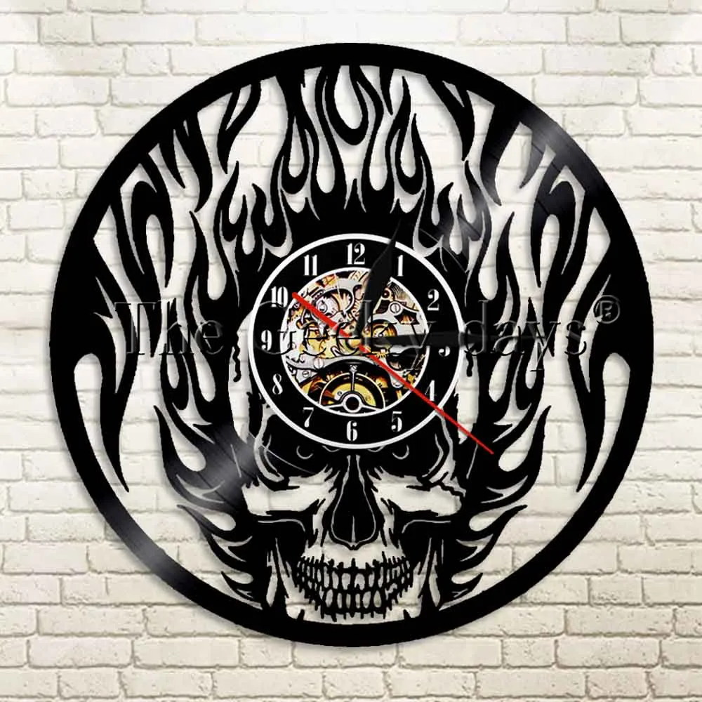 

1Piece Black Fire Skull Wall Clock Vintage Vinyl Record Clock Vinyl LP Record Death's Head Decorative Clock