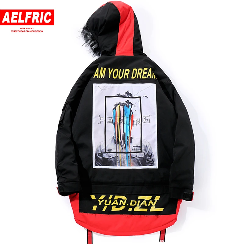 

AELFRIC Hip Hop Parkas Jackets Men Winter Warm Thick Baseball Coat Long Padded Overcoat with Fur Tassls Karean Windbreaker KJ191