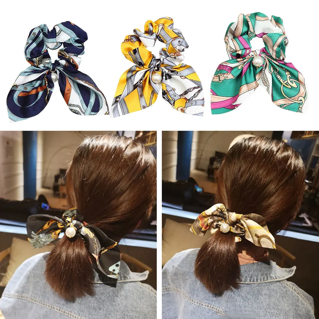 

Korean Style Vintage silk head rope with pearl print bunny ears girl headband pearl pendant large intestine circle hair ring