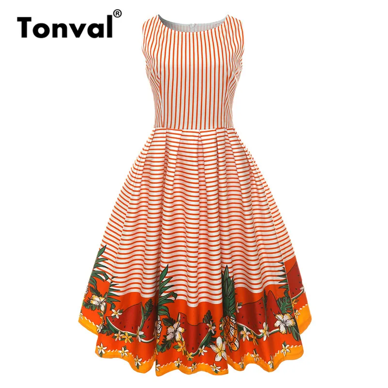 

Tonval Pleated Striped Dress Vintage Plus Size Dresses 4XL Women Cotton Pineapple and Watermelon Summer Dress
