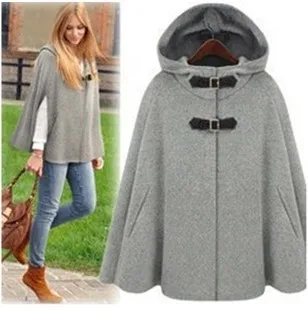 2021 Fall Winter Fashion Wool Poncho Jacket Womens Hooded Loose Cashmere Cape Windbreaker Girls Ladies Woolen Blend Coat Outwear | Женская