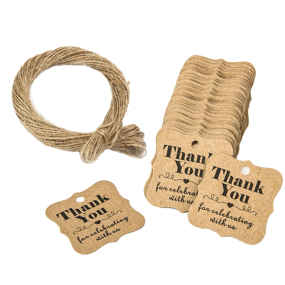 

100Pcs Decoration Hanging Gift Tag Party Letter Print With Hemp Rope DIY Celebrating Brown Paper Thank You Birthday Baby Shower