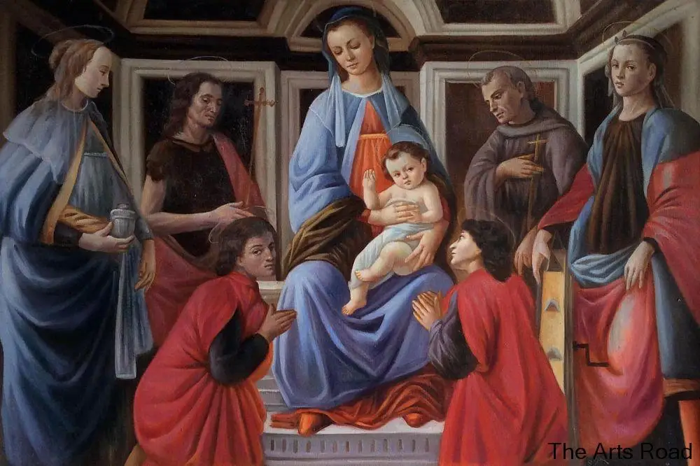 Hand Painted Jesus Christ Painting Madonna and Child with Six Saints by Sandro Botticelli Wall Art Oil on Canvas Portrait Hand Painted Jesus Christ Painting Madonna and Child with Six Saints by Sandro Botticelli Wall Art Oil on Canvas Portrait