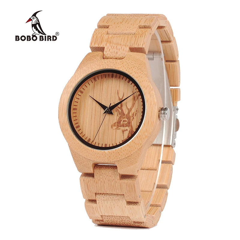 Projeto de Bambu para Mulheres dos Homens do Relógio de Madeira Relógio de Pulso Reloj de Los Bobo Pássaro Veados Gravado Dial Ladies Quartz Hombres V-e04