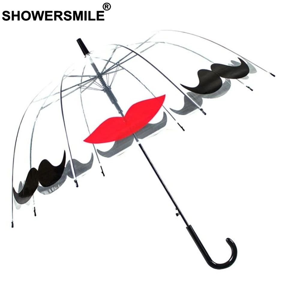 

SHOWERSMILE British Style Apollo Transparent Umbrella Ladies Long-handle Mustache Rain Umbrella Women Brand BirdCage Umbrella