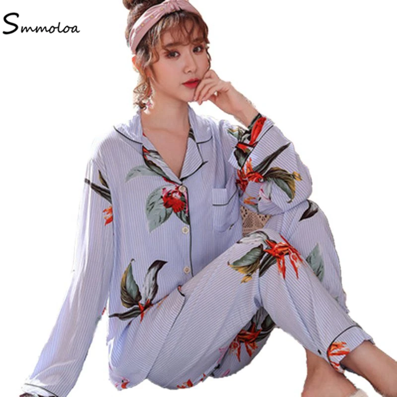 

Smmoloa Sexy Silk Cotton Pajamas Print Summer Pijamas Long Sleeve New