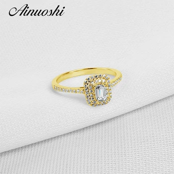 

AINUOSHI Double Halo Emerald Cut Ring 14K Solid Yellow Gold Women Wedding Simulated Diamond Elegant Engagement Ring for Women