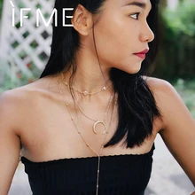 Если я Многослойные цепные ожерелья подвески для женщин Винтаж золотой цвет полумесяц кристалл длинное массивное ожерелье чокер Новинка