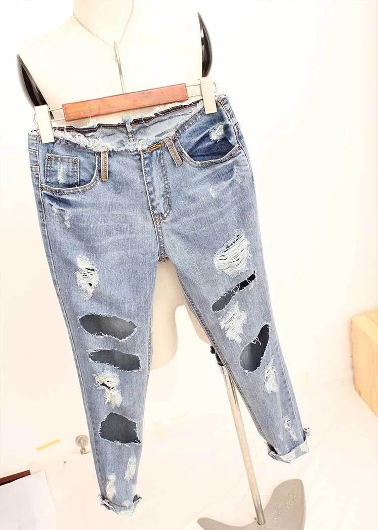 Low waist jeans loose burrs Korean stretch cotton long pants broken tunnel ventilation women beggar pants
