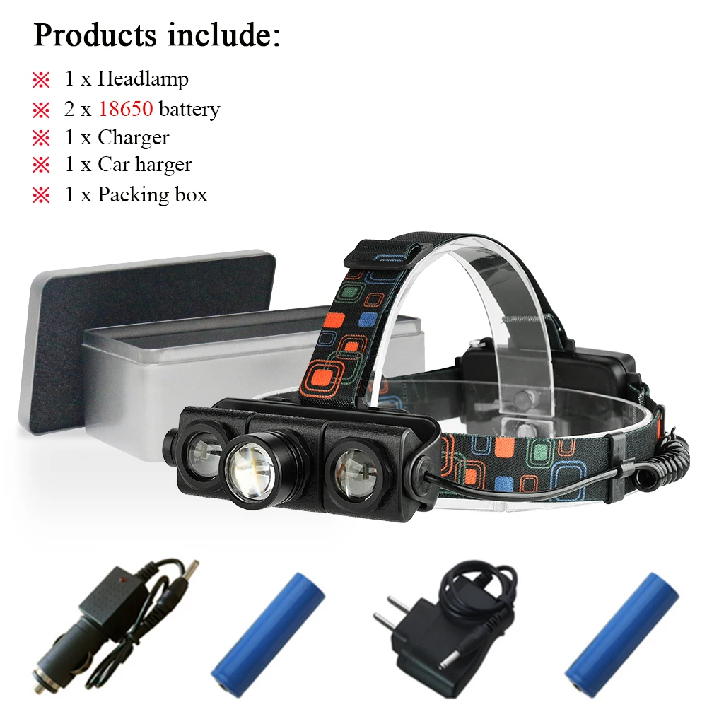 3 светодио дный фара зум фары cree xml t6 высокой мощности светодио дный Налобный фонарик 18650 Водонепроницаемый Глава Факел велосипед фар - Испускаемый цвет: zoom headlamp Box C