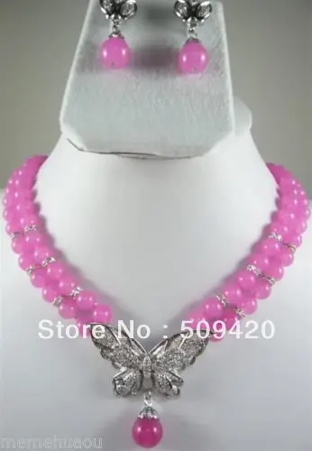 

Free Shipping Wholesale>>>Pretty!2Rows Pink Chalcedony Necklace Earring Set