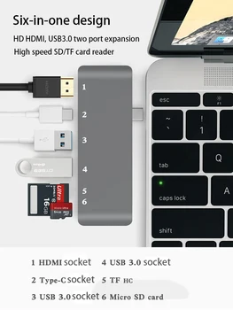 

TC61H 6 in 1 USB HUB Type C to HDMI USB HUB Converter with USB 3.0 type-c SD TF HDMI PD Port for Mac OS9X/10 Windows XP/7/8/10